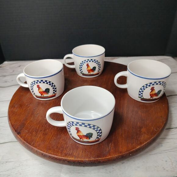 Century Stoneware Remy Rooster‎ Pattern 2 1/2" Vintage Flat Tea Cups Set of 4 - Picture 4 of 9